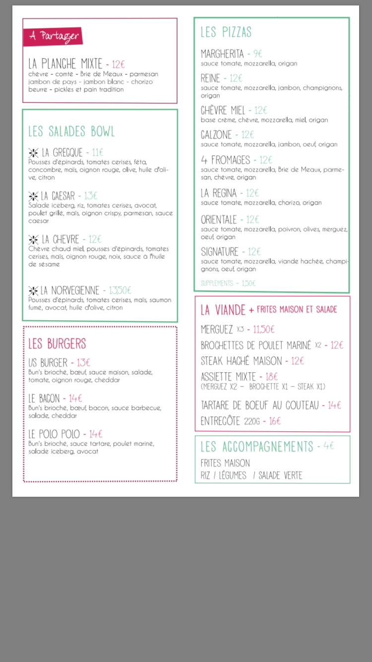 Tennis club Paris Pavillon Rouge menus